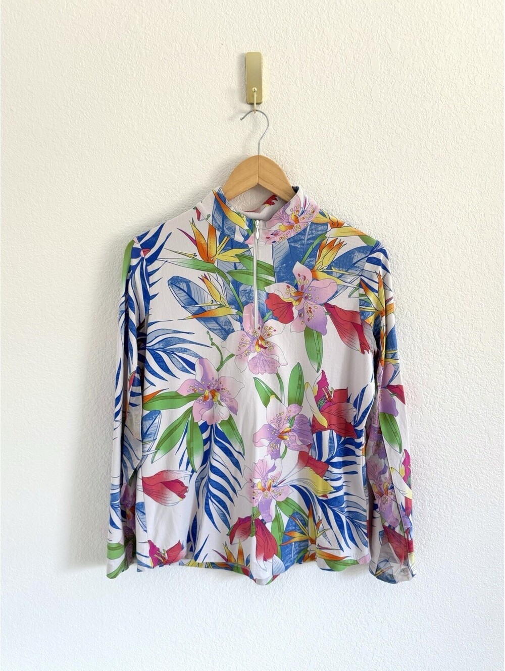 Ibkul Top Women’s Large Blue Rio Floral 1/4 Zip Pullover Mesh Long Sleeve Active